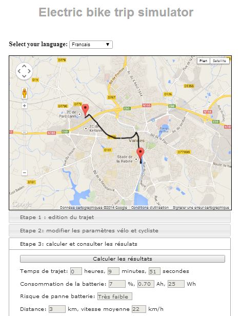 Simulateur de trajet pour calcul autonomie vélo électrique